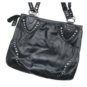 B Makowsky Black Leather Silver Stud Bag Leopard Print Lining Hobo